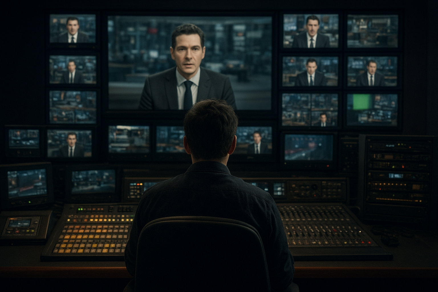 Visão de uma sala de controle de TV cheia de monitores, com um diretor de cena de costas, enquanto ao fundo, em um estúdio, apresentadores gravam um programa.