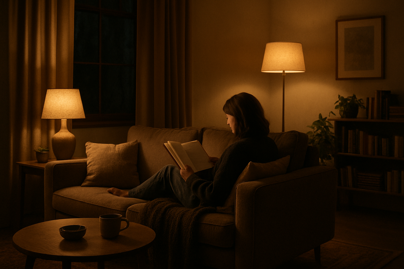 Pessoa confortavelmente sentada no sofá com cobertor, controles remotos e tela de TV mostrando cena de uma série dramática, com pipoca ao lado.